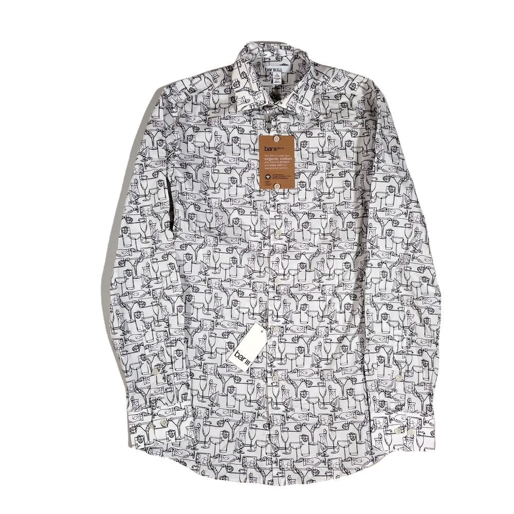 Bar III Slim-Fit Performance Drink Print Dress Shirt Men Small 14-14.5 Stretch